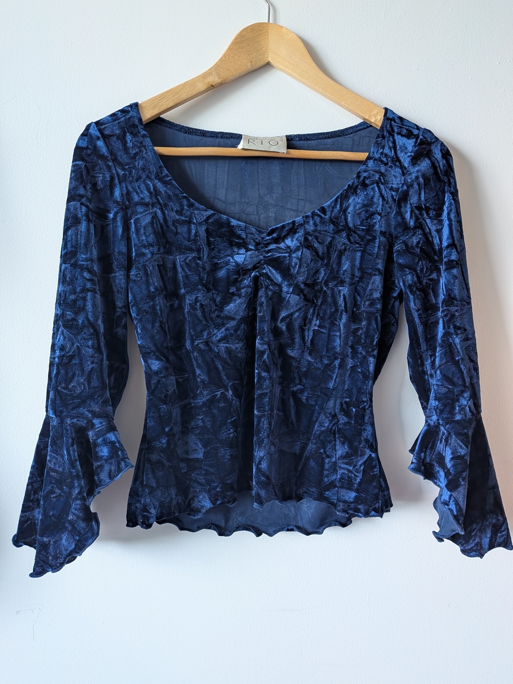 Whimsigoth Crushed Velvet Navy Scoop Neck Blouse with Flared Sleeves